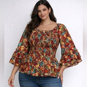 Cato Boho Floral Peplum Top Smocked Bell Sleeve Blouse Women’s Large